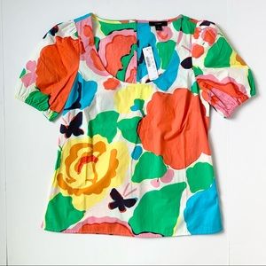 NWT J. Crew Floral Multicolor Puff Sleeve Scoop Collar Top Size 2